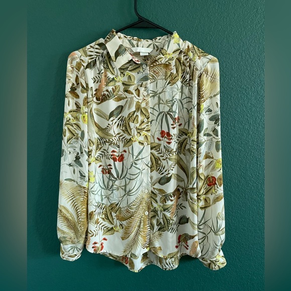 H&M tropical floral sheer button up long sleeve blouse size small - Picture 1 of 8